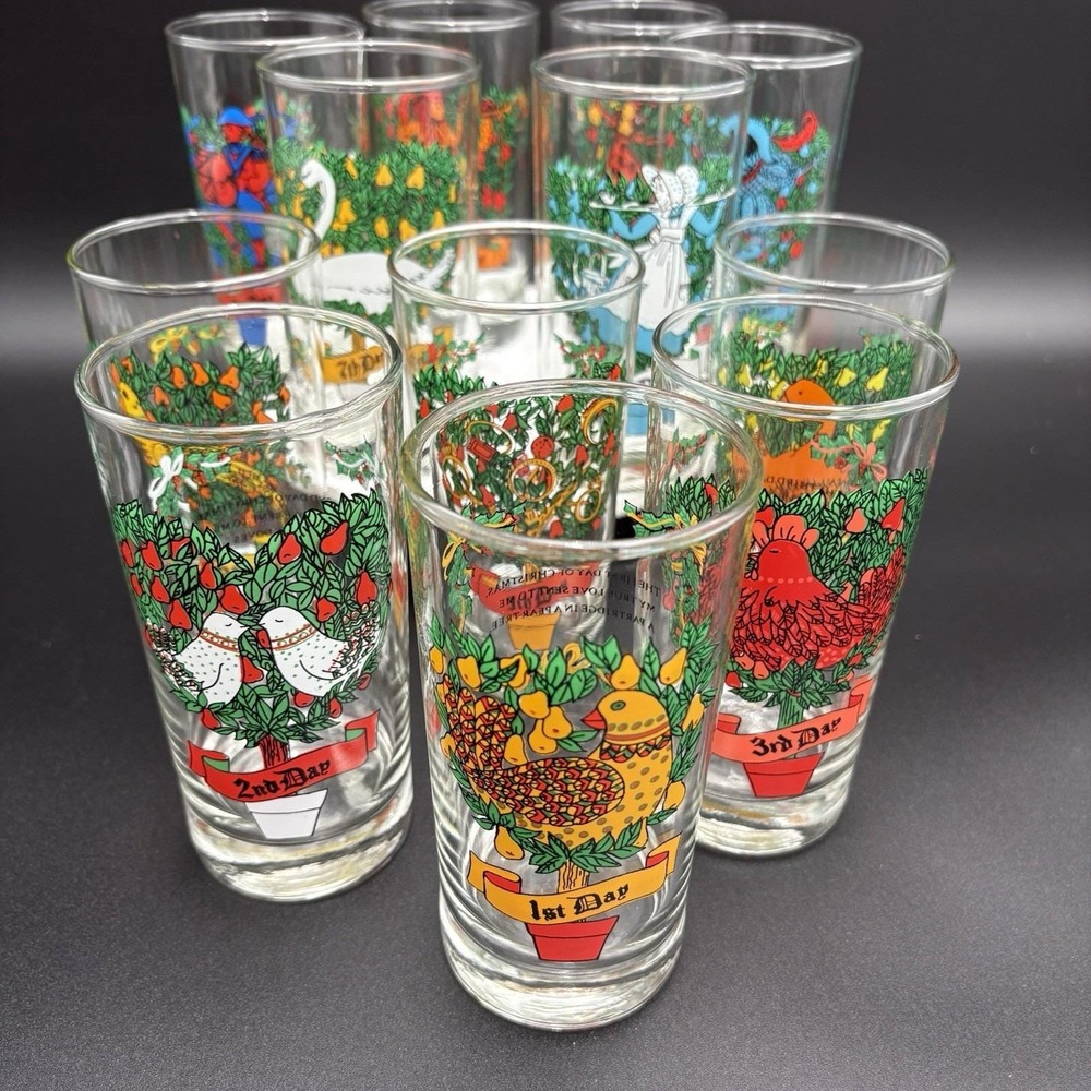 Indiana Glass 12 Days Of Christmas Full Set 12 - 12 Oz Glasses Vintage Retro